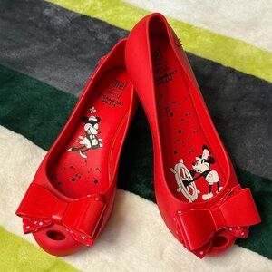 Melissa Red Minnie & Mickey Peep Toe Bow Flats Size 4